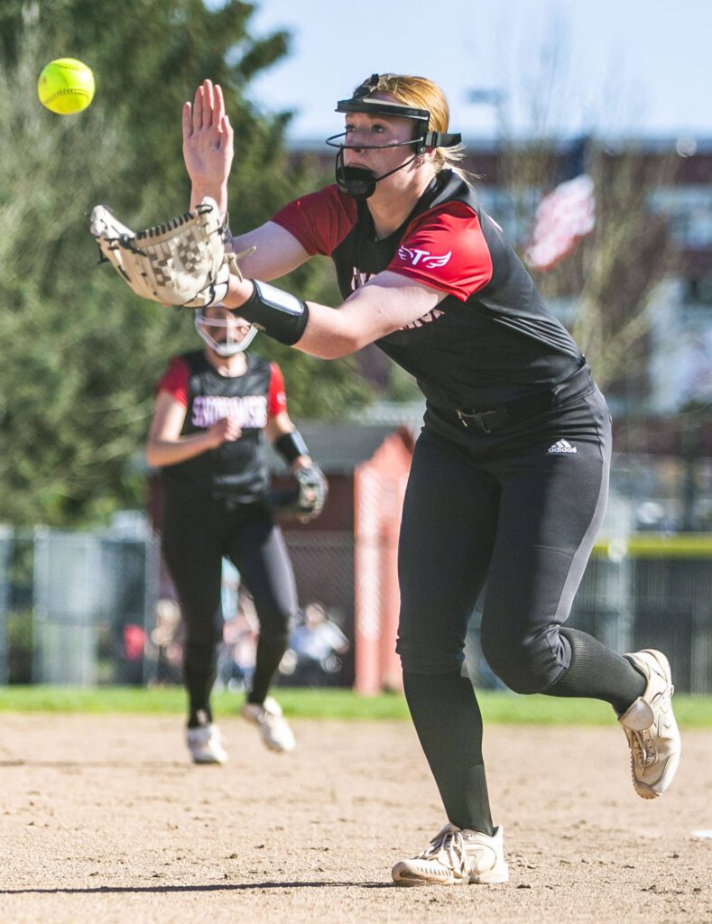 Snohomish&rsquo;s Skyla Bristol catches a short hit during the game against Cascade on Friday, April 28, 2023 in Snohomish, Washington. (Olivia Vanni / The Herald)
