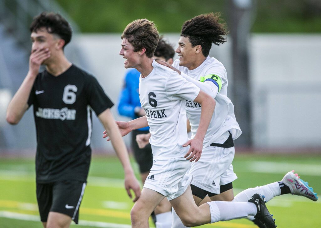 Glacier Peak’s Liam Smith celebrates a goal during the game against Jackson on Friday, April 28, 2023 in Snohomish, Washington. (Olivia Vanni / The Herald)
