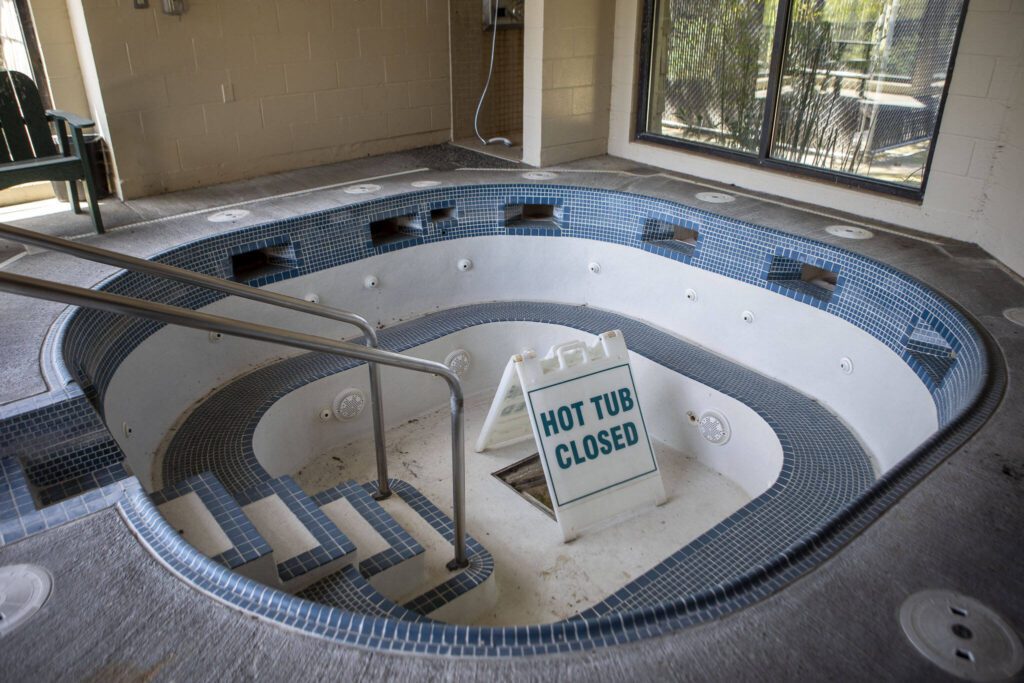 The Forest Park Swim Center in Everett, Washington on Friday, April 28, 2023. The Forest Park Swim Center has been closed and empty since March 2020. The city’s prepared to study its future, either as is, with renovations or totally repurposed. (Annie Barker / The Herald)
