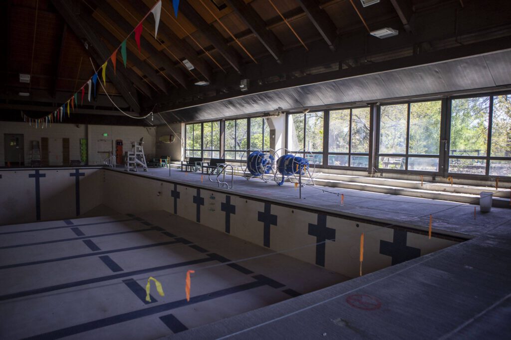 The Forest Park Swim Center in Everett, Washington on Friday, April 28, 2023. The Forest Park Swim Center has been closed and empty since March 2020. The city’s prepared to study its future, either as is, with renovations or totally repurposed. (Annie Barker / The Herald)
