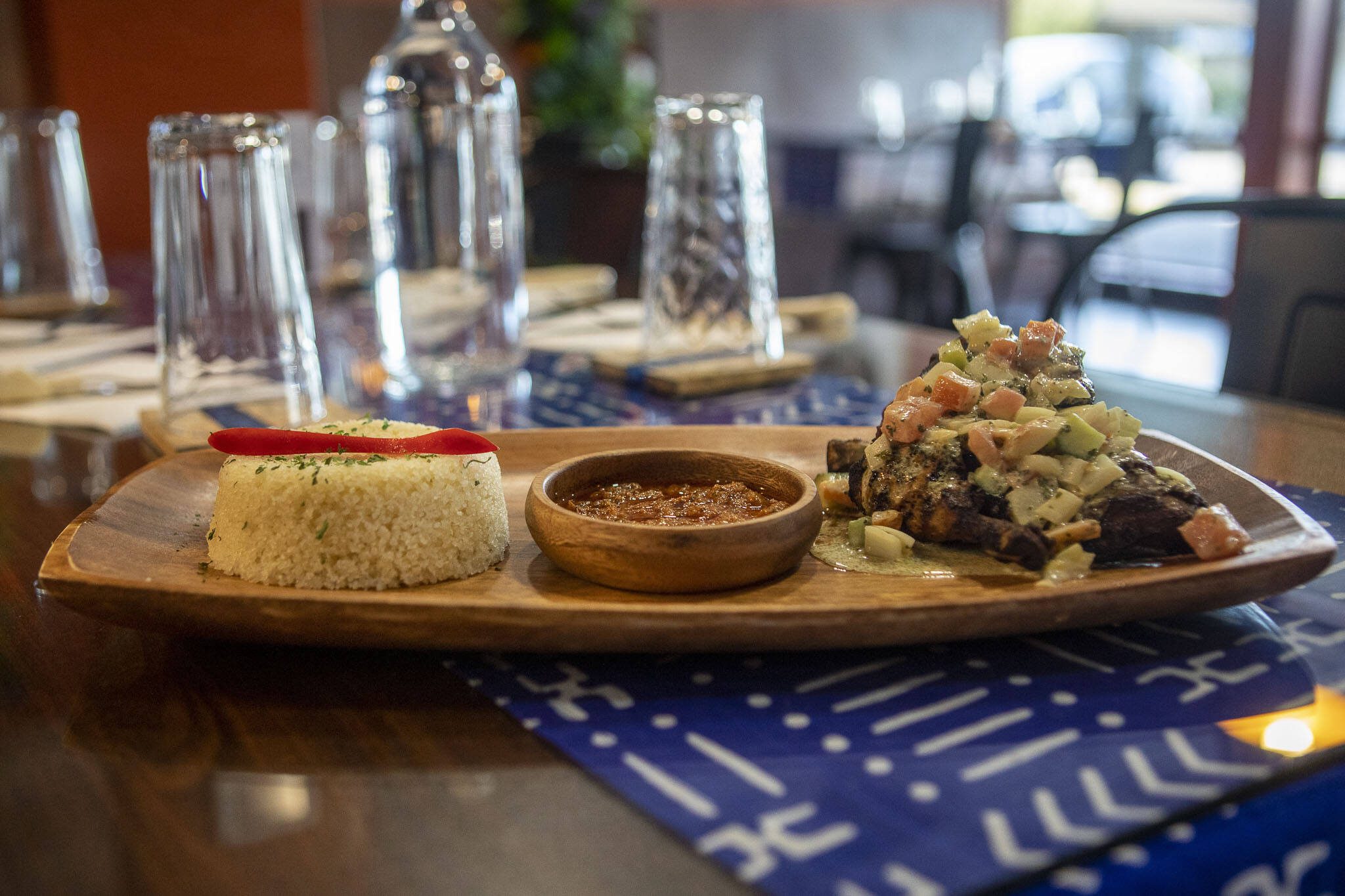 Attieke and grilled chicken at Hadiani African Restaurant in Mountlake Terrace, Washington on Thursday, April 27, 2023. (Annie Barker / The Herald)