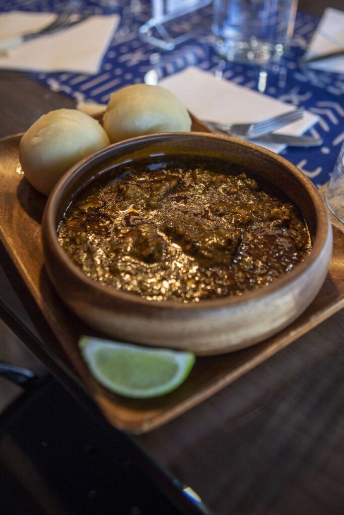 Fufu with cassava sauce at Hadiani African Restaurant in Mountlake Terrace, Washington on Thursday, April 27, 2023. (Annie Barker / The Herald)
