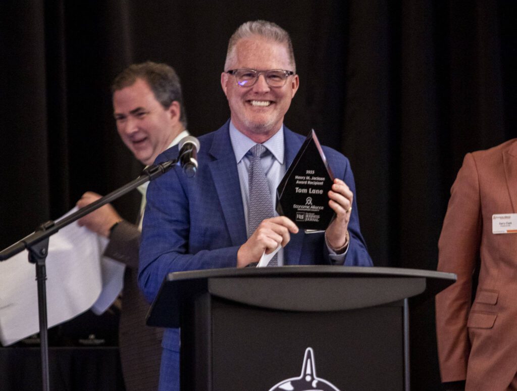 Henry M. Jackson Award winner Tom Lane receives his award on Wednesday, April 26, 2023 in Marysville, Washington. (Olivia Vanni / The Herald)
