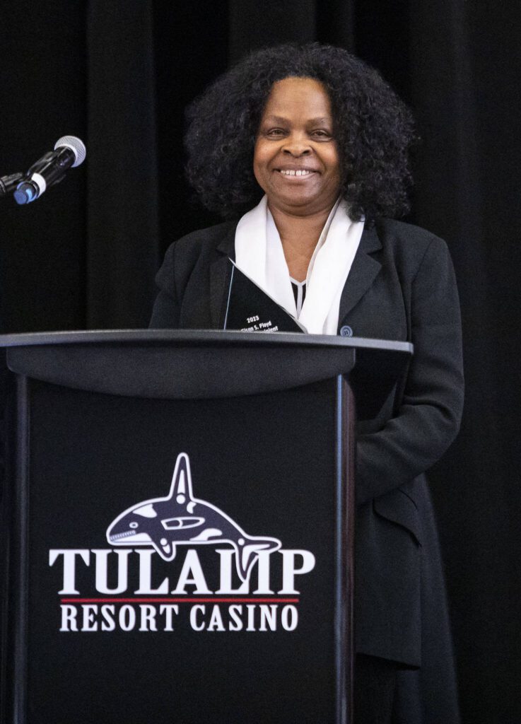 Elson S. Floyd Award winner Janice Greene, president of the Snohomish County NAACP, receives her award on Wednesday, April 26, 2023 in Marysville, Washington. (Olivia Vanni / The Herald)

