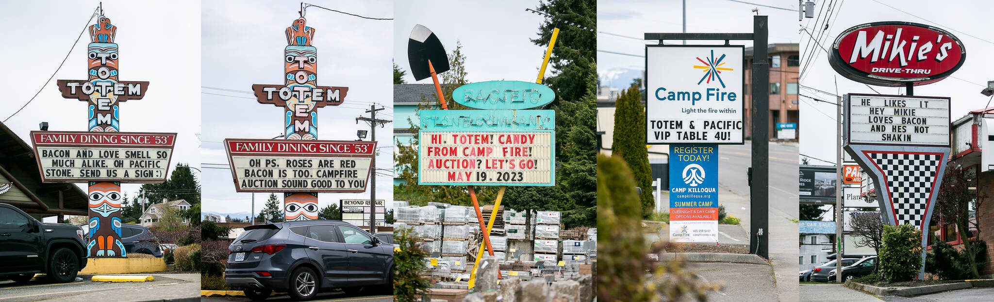 The Totem Family Diner, Pacific Stone Company, Camp Fire and Mikie’s restaurant signs chat with one another in April in Everett. (Olivia Vanni / The Herald)