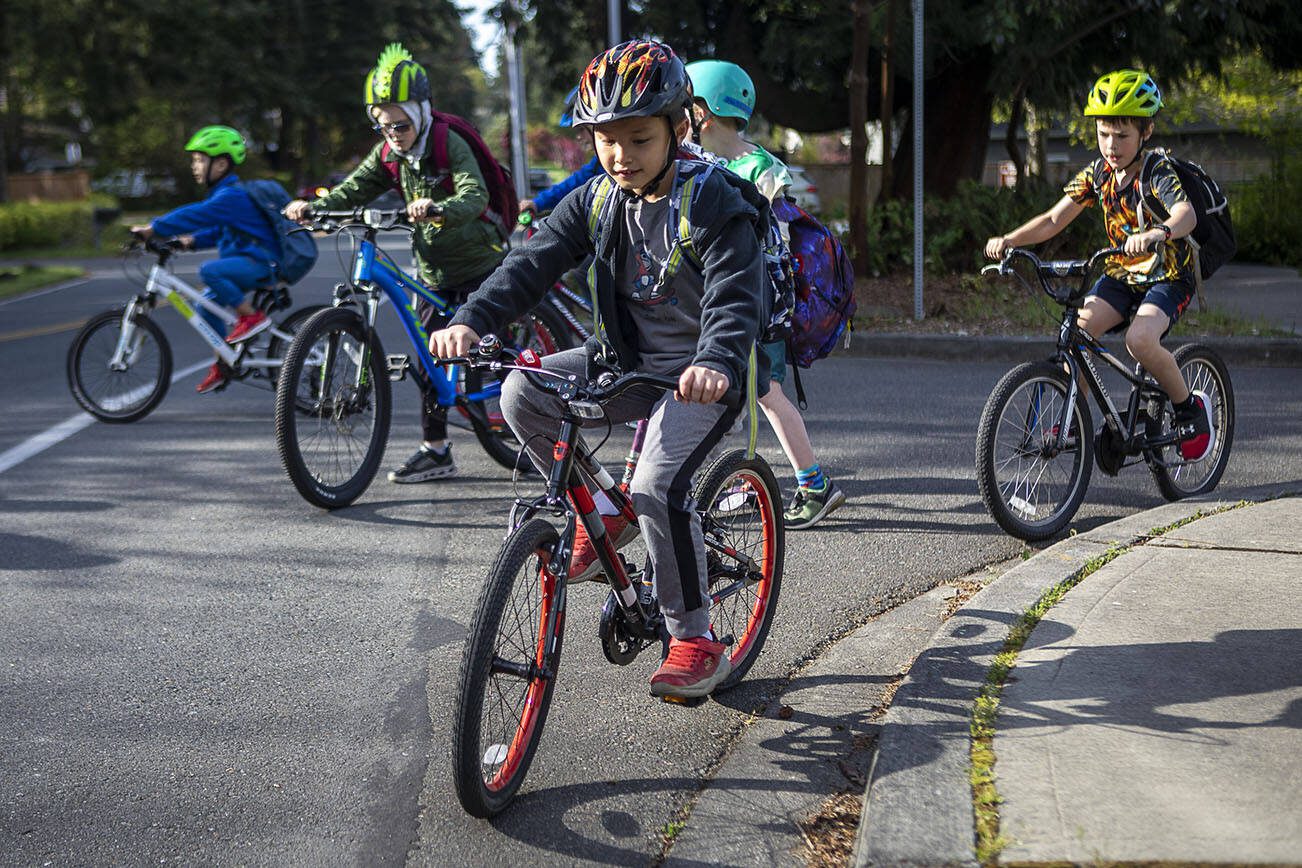 Students participate in Bike to School Day at Sherwood Elementary School in Edmonds, Washington on Wednesday, May 3, 2023. (Annie Barker / The Herald)