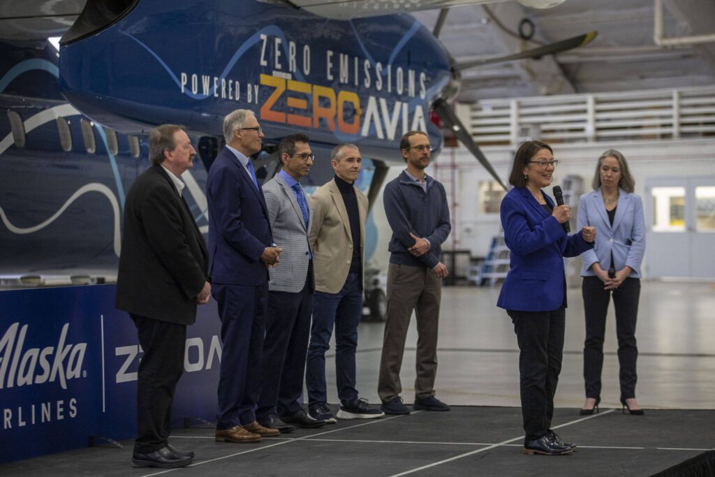 U.S. Rep. Suzan DelBene speaks during an event for Alaska Airlines and ZeroAvia to discuss their new collaboration in Everett, Washington on Monday, May 1, 2023. ZeroAvia is developing a hydrogen electric propulsion system for aircraft. (Annie Barker / The Herald)
