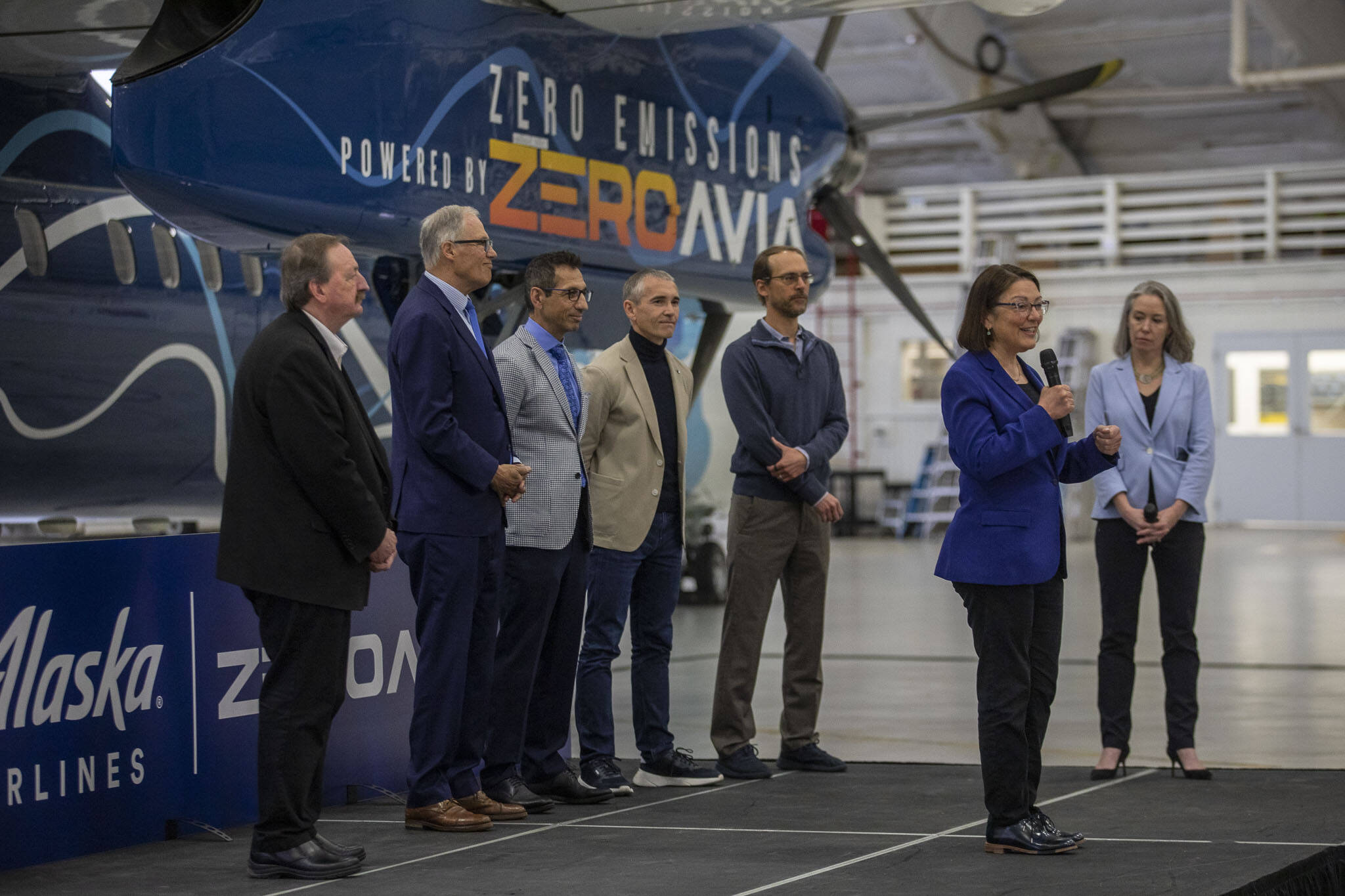 U.S. Rep. Suzan DelBene speaks during an event for Alaska Airlines and ZeroAvia to discuss their new collaboration in Everett, Washington on Monday, May 1, 2023. ZeroAvia is developing a hydrogen electric propulsion system for aircraft. (Annie Barker / The Herald)