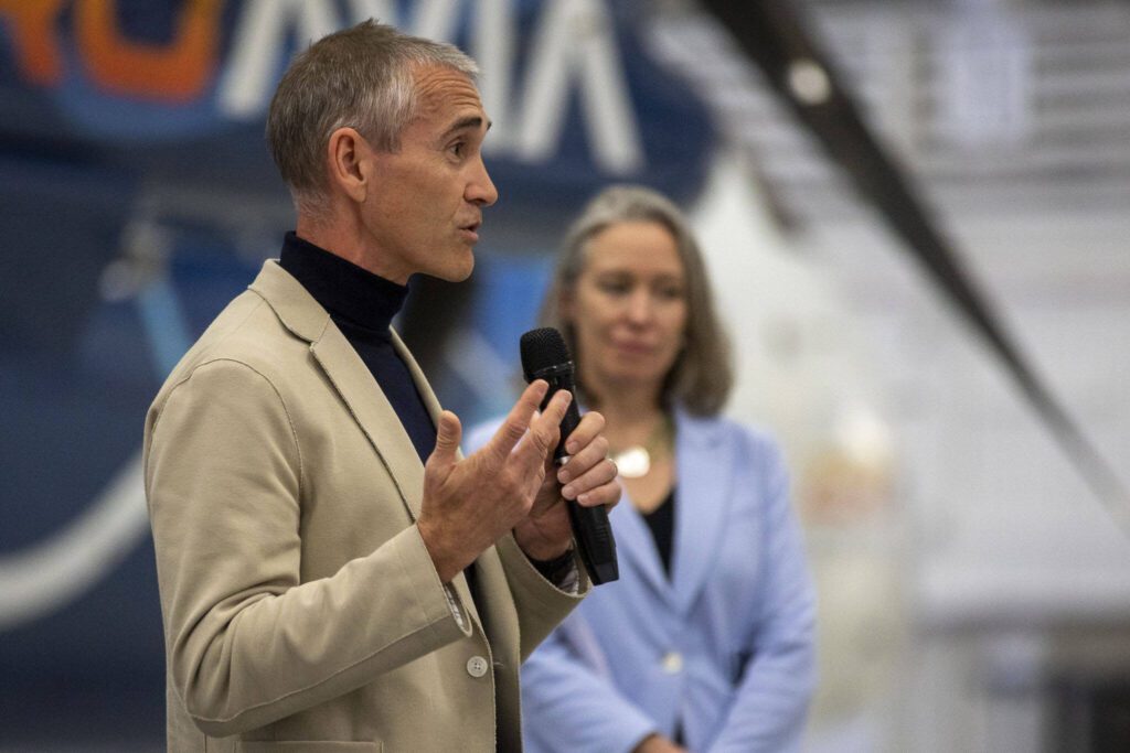 ZeroAvia CEO Val Miftakhov speaks during an event for Alaska Airlines and ZeroAvia to discuss their new collaboration in Everett, Washington on Monday, May 1, 2023. ZeroAvia is developing a hydrogen electric propulsion system for aircraft. (Annie Barker / The Herald)

