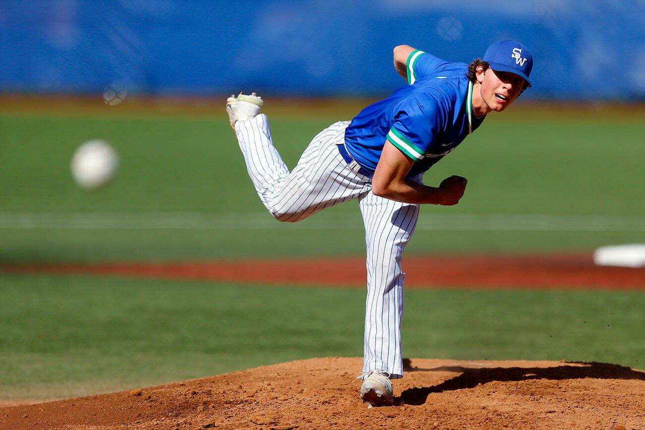 Shorewood pitcher Logan Anderson pitches in a victory over Cedarcrest on Thursday, April 27, 2023, at Meridian Park in Shoreline, Washington. (Ryan Berry / The Herald)