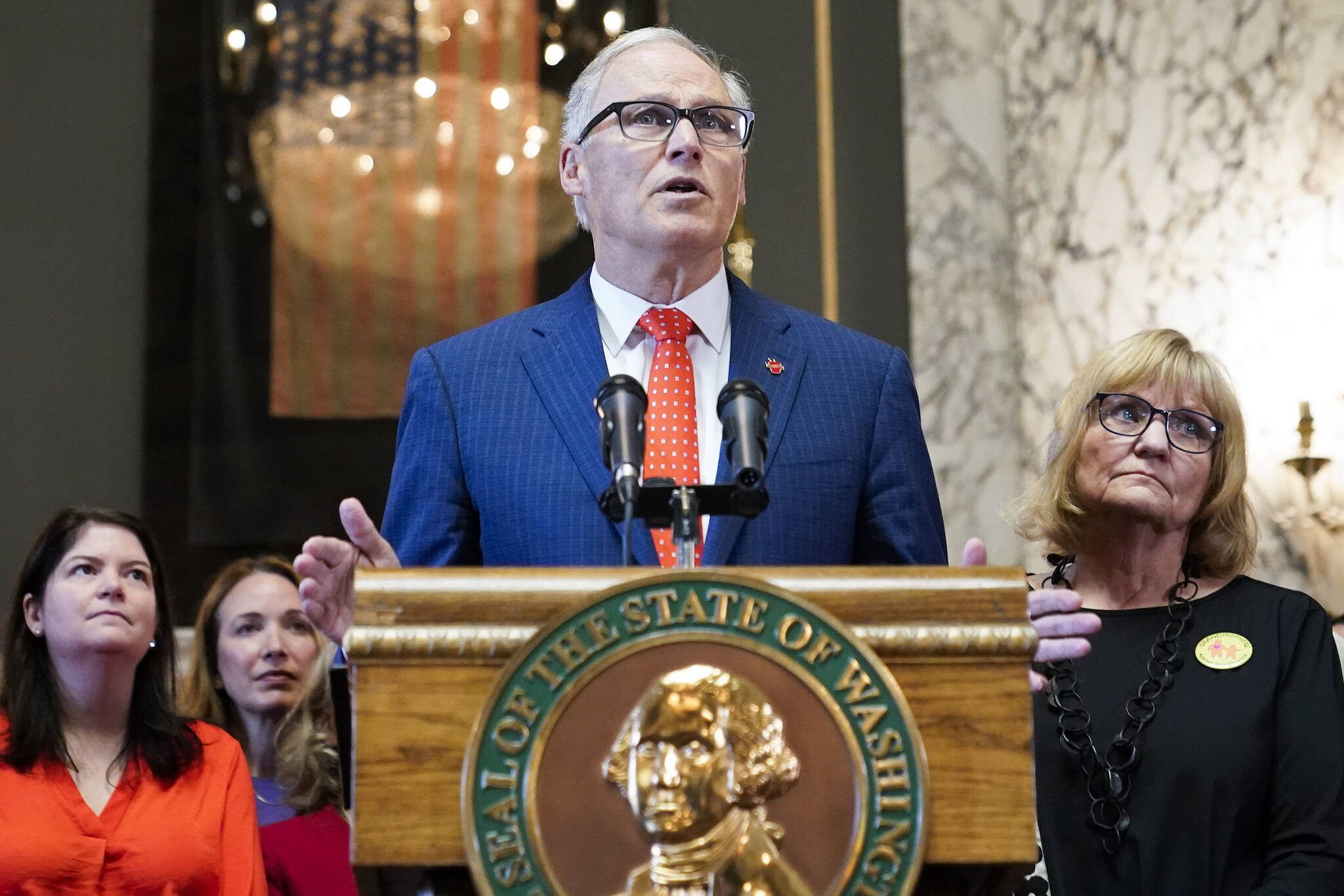 Washington Gov. Jay Inslee speaks before signing multiple bills meant to prevent gun violence, Tuesday, April 25, 2023, at the Capitol in Olympia, Wash. On Monday, May 1, 2023, Inslee announced he does not plan to seek a fourth term. He was most recently re-elected in 2020, making him only the second Washington state governor to serve three consecutive terms. (AP Photo/Lindsey Wasson, File)