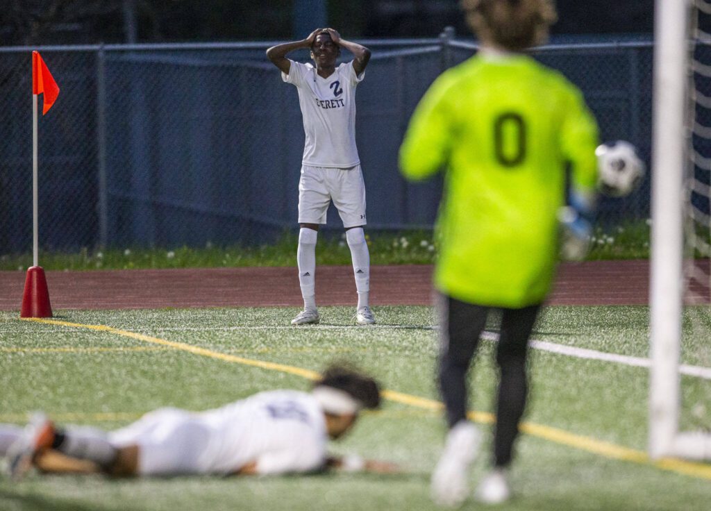 Everett’s Abdala Hassani reacts to a missed goal by a teammate during the game against Edmonds-Woodway on Monday, May 1, 2023 in Edmonds, Washington. (Olivia Vanni / The Herald)
