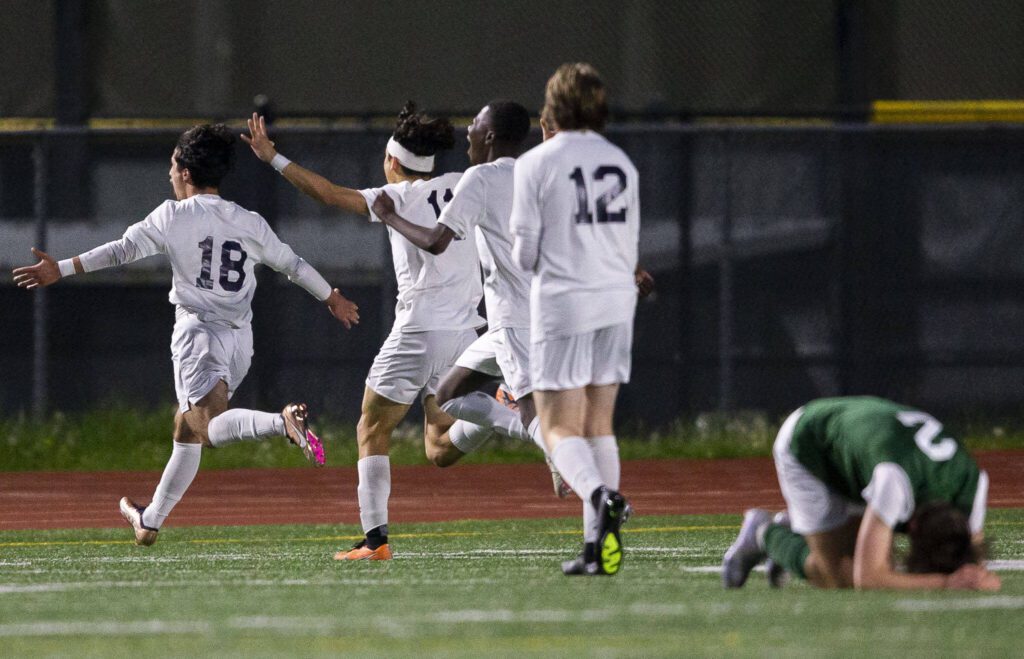 Everett’s Nussrat Nussrat celebrates his goal during the game against Edmonds-Woodway on Monday in Edmonds. (Olivia Vanni / The Herald)
