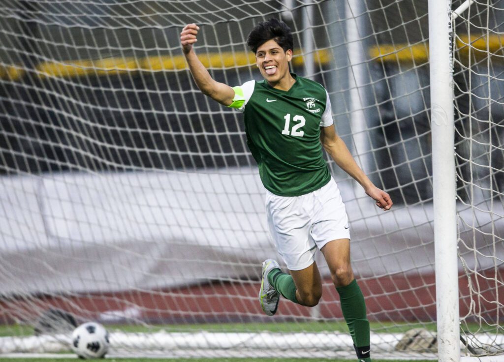 Edmonds-Woodway’s Victor Ibarra reacts to his goal during the game against Everett on Monday, May 1, 2023 in Edmonds, Washington. (Olivia Vanni / The Herald)

