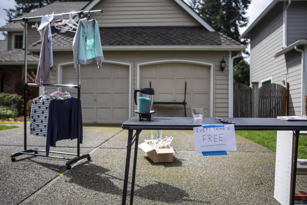 A garage sale in Mill Creek, Washington on Saturday, May 6, 2023. (Annie Barker / The Herald)
