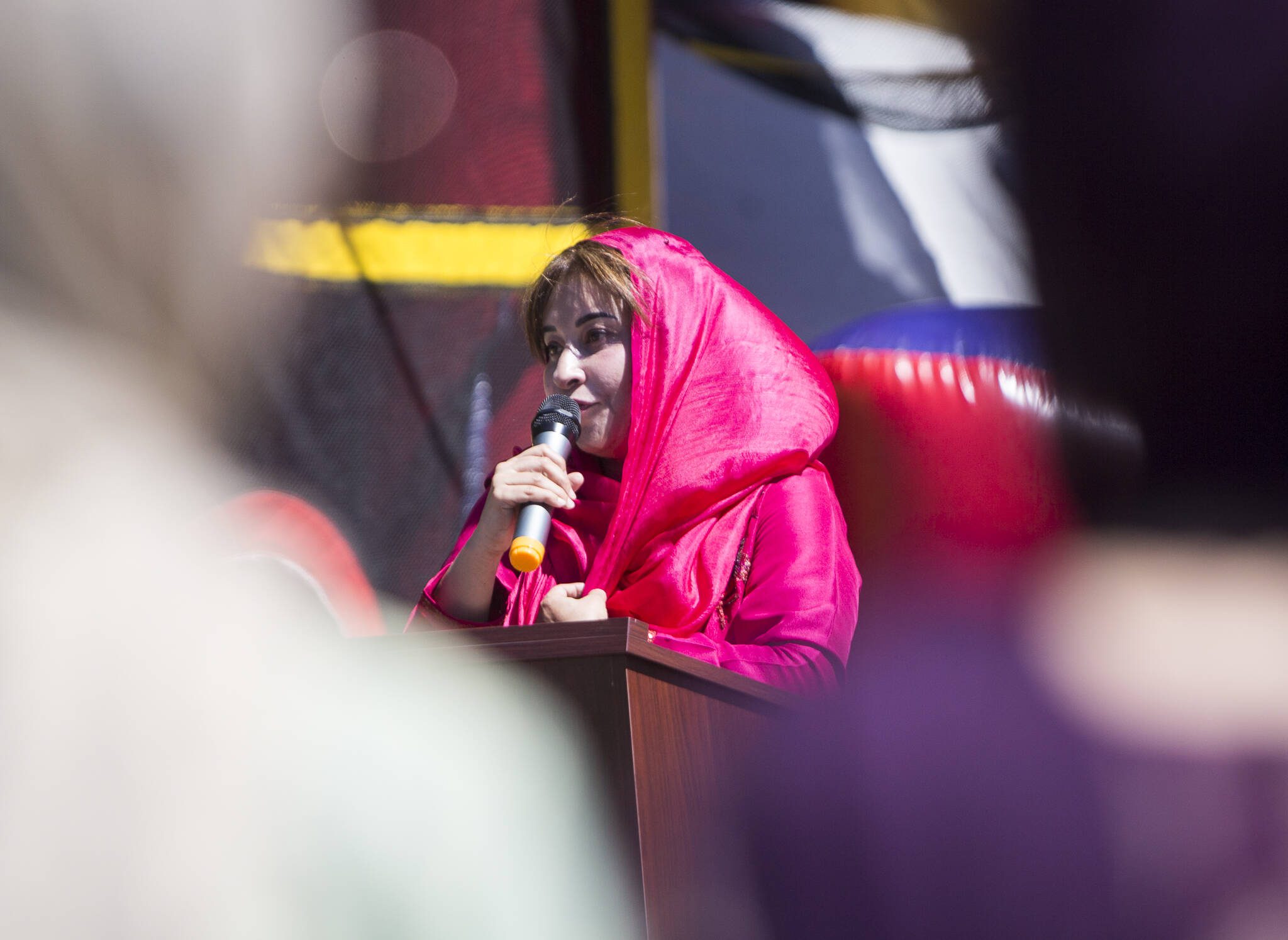 Zahra Abidi, founder and president of the Husaynia Islamic Society, speaks at the Eid ul Adha celebation on Saturday, July 24, 2021 in Snohomish, Washington. (Olivia Vanni / The Herald)