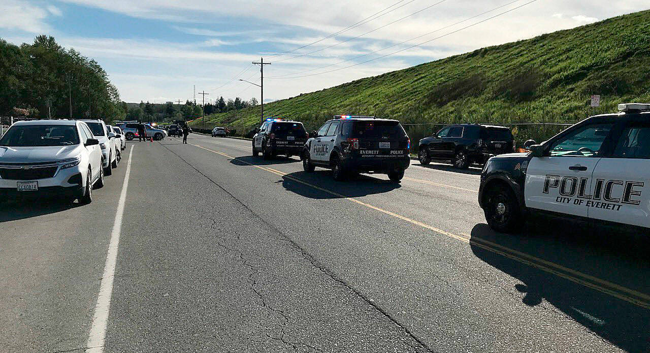 Everett police were investigating a car and motorcycle crash Sunday night on Sievers Duecy Boulevard that left at least one person with serious injuries. (Everett Police Department)