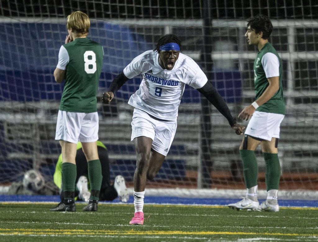 Shorewood’s Anthony Henry reacts to a goal during the game against Edmonds-Woodway on Tuesday, May 9, 2023 in Shoreline, Washington. (Olivia Vanni / The Herald)
