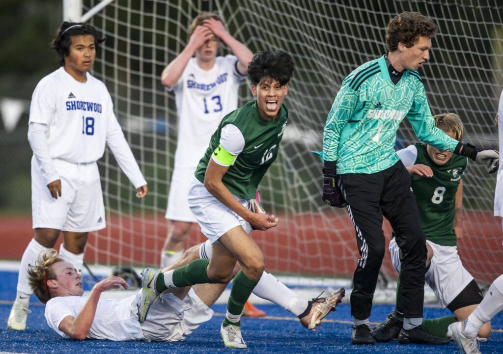 Edmonds-Woodway’s Victor Ibarra reacts to scoring a goal during the game against Shorewood on Tuesday, May 9, 2023 in Shoreline, Washington. (Olivia Vanni / The Herald)
