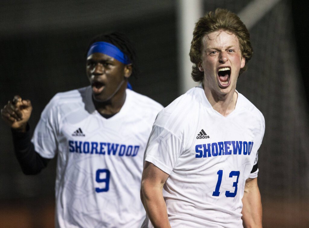Shorewood’s Blaise Clapper reacts to a goal during the game against Edmonds-Woodway on Tuesday, May 9, 2023 in Shoreline, Washington. (Olivia Vanni / The Herald)

