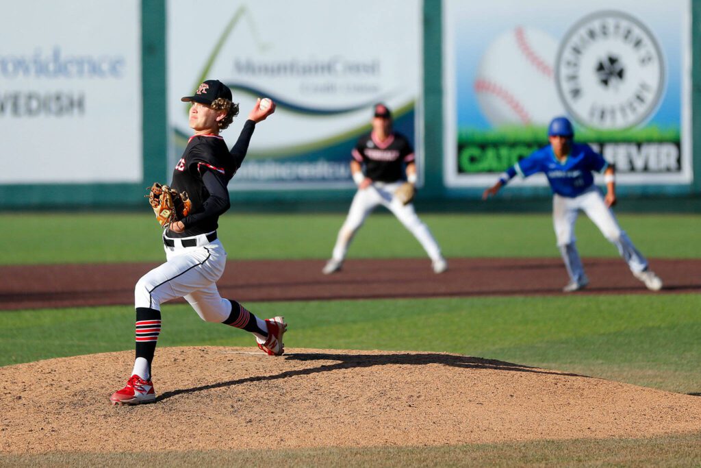 Mountlake Terrace’s Robert Swan delivers a pitch with the tying run on second against Shorewood in a Wesco 3A District 1 semifinal on Tuesday, May 9, 2023, at Funko Field in Everett, Washington. (Ryan Berry / The Herald)
