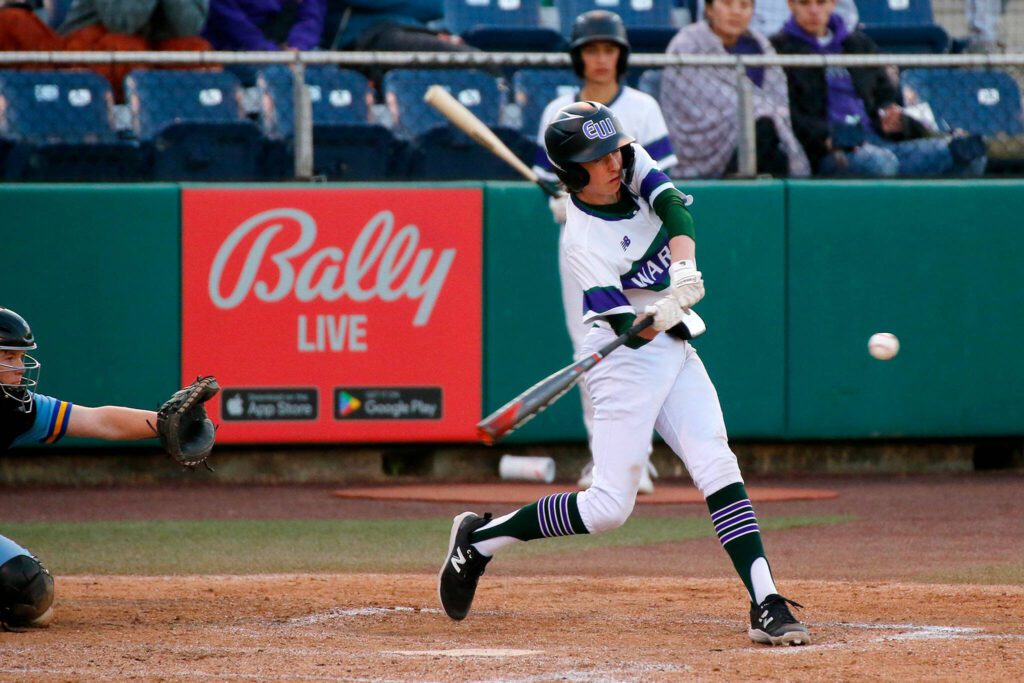 Edmonds-Woodway’s Andreas Simonsen fouls off a pitch against Ferndale in a Wesco 3A District 1 semifinal on Tuesday, May 9, 2023, at Funko Field in Everett, Washington. (Ryan Berry / The Herald)
