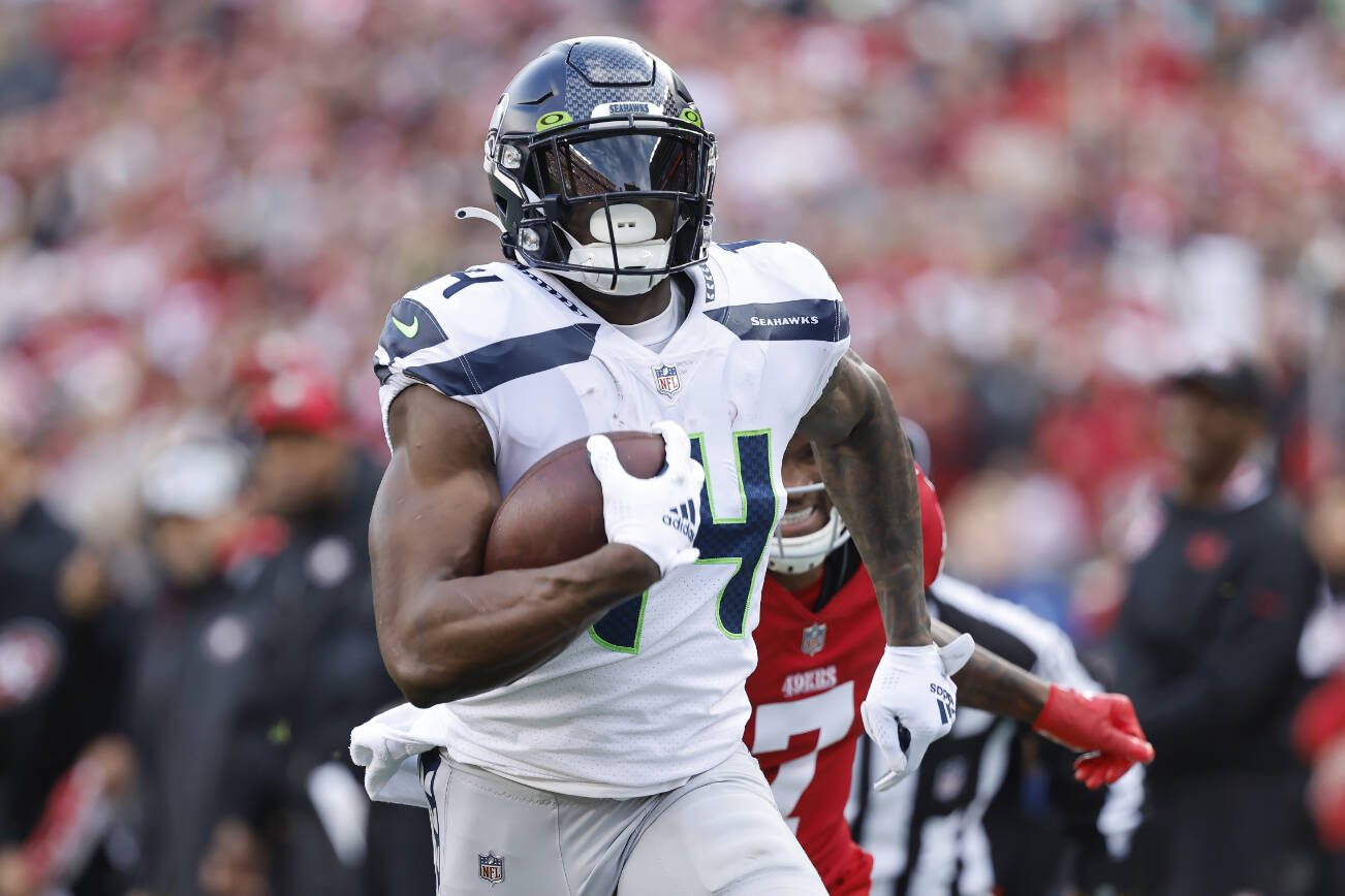 Seattle Seahawks wide receiver DK Metcalf (14) against the San Francisco 49ers durig an NFL wild card playoff football game in Santa Clara, Calif., Saturday, Jan. 14, 2023. (AP Photo/Josie Lepe)