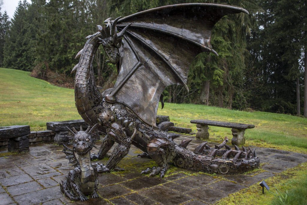 Two of many dragons displayed at High Rock Castle. Annie Barker / The Everett Herald photo
