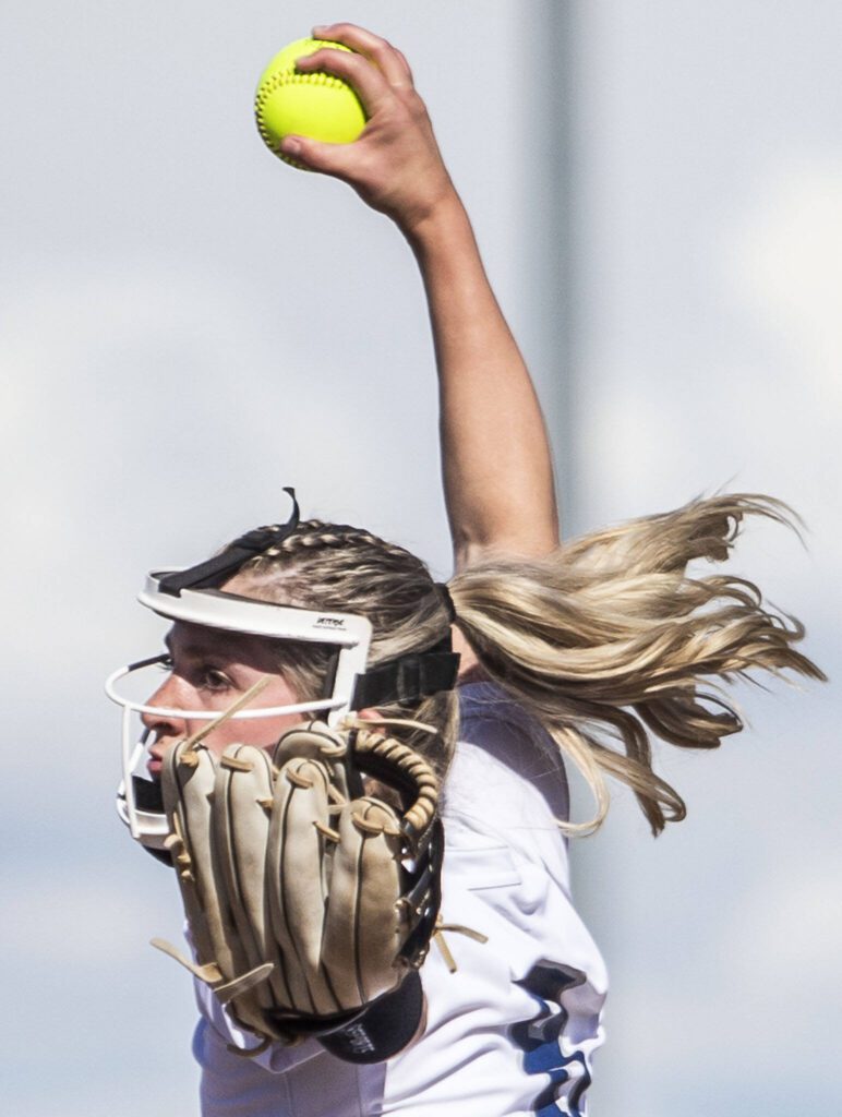 Glaicer Peak’s Faith Jordan pitches during a game against Lake Stevens on Wednesday, May 10, 2023, in Snohomish, Washington. (Olivia Vanni / The Herald)

