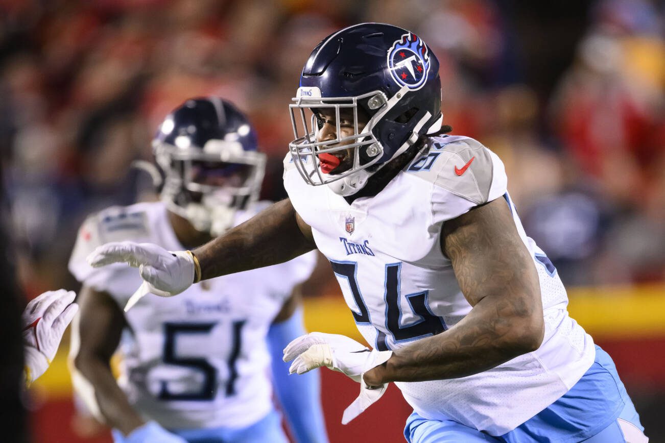 Tennessee Titans defensive end Mario Edwards Jr. rushes against the Kansas City Chiefs during the first half of an NFL football game, Sunday, Nov. 6, 2022 in Kansas City, Mo. (AP Photo/Reed Hoffmann)