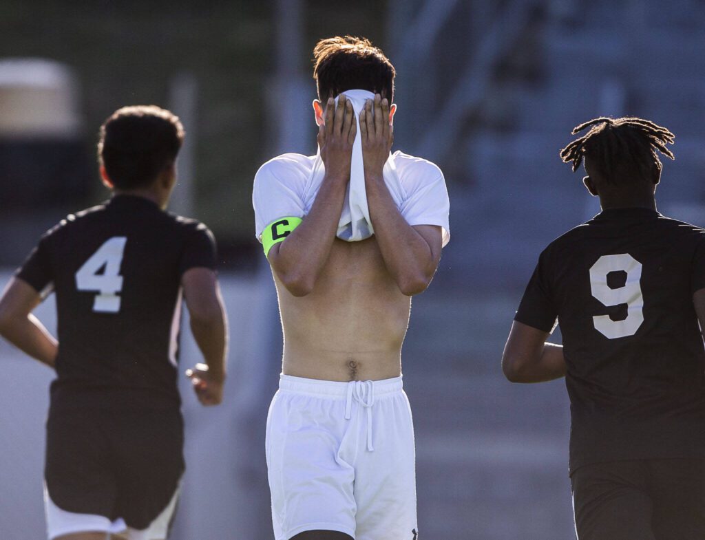 Bothell’s Brock Larsen reacts to a second goal scored by Jackon during the game on Thursday, May 11, 2023 in Everett, Washington. (Olivia Vanni / The Herald)

