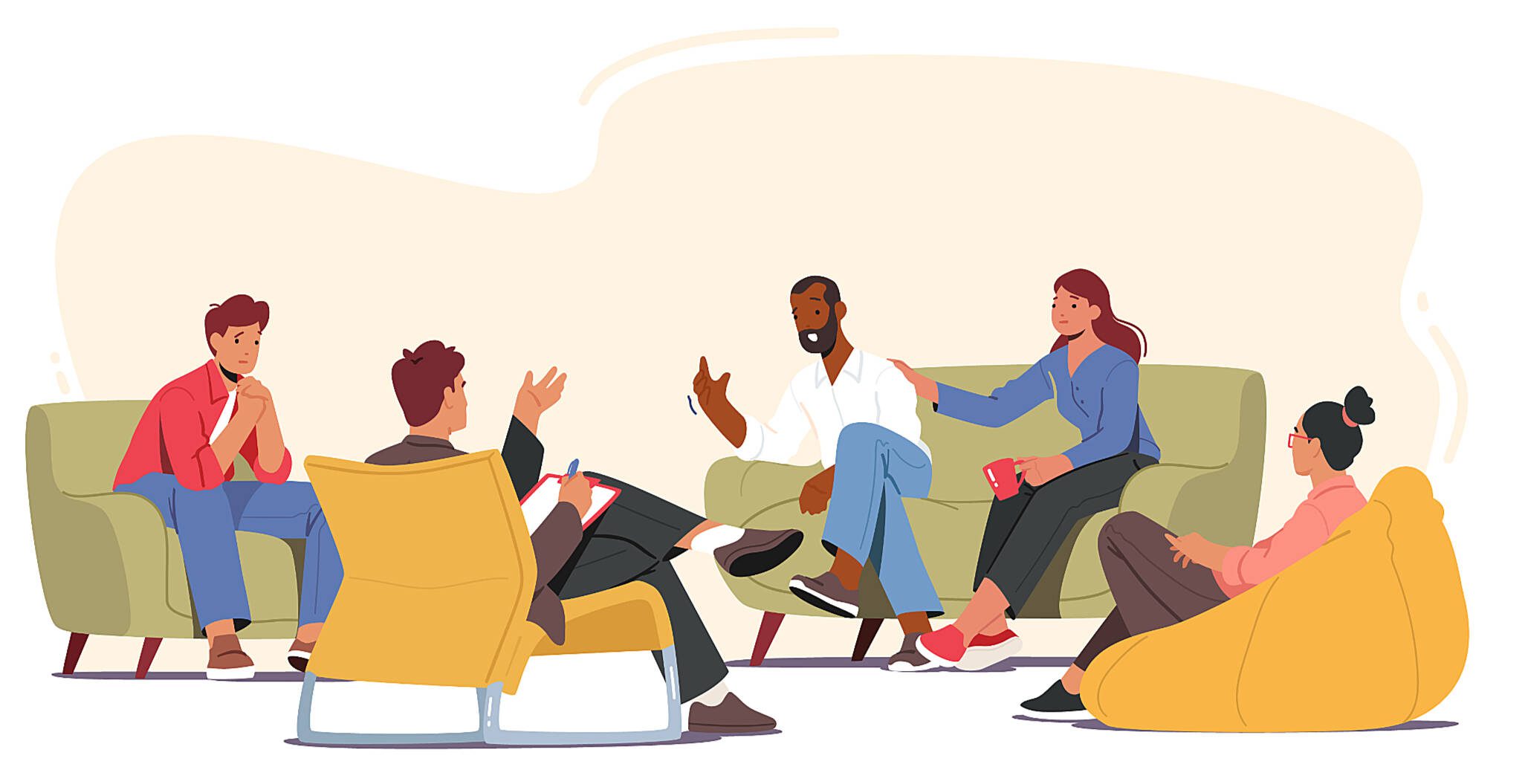 Group Therapy Addiction Treatment Concept. Characters Counseling with Psychologist on Psychotherapist Session. Doctor Psychologist Counseling with Diseased Patients. Cartoon People Vector Illustration building bridges