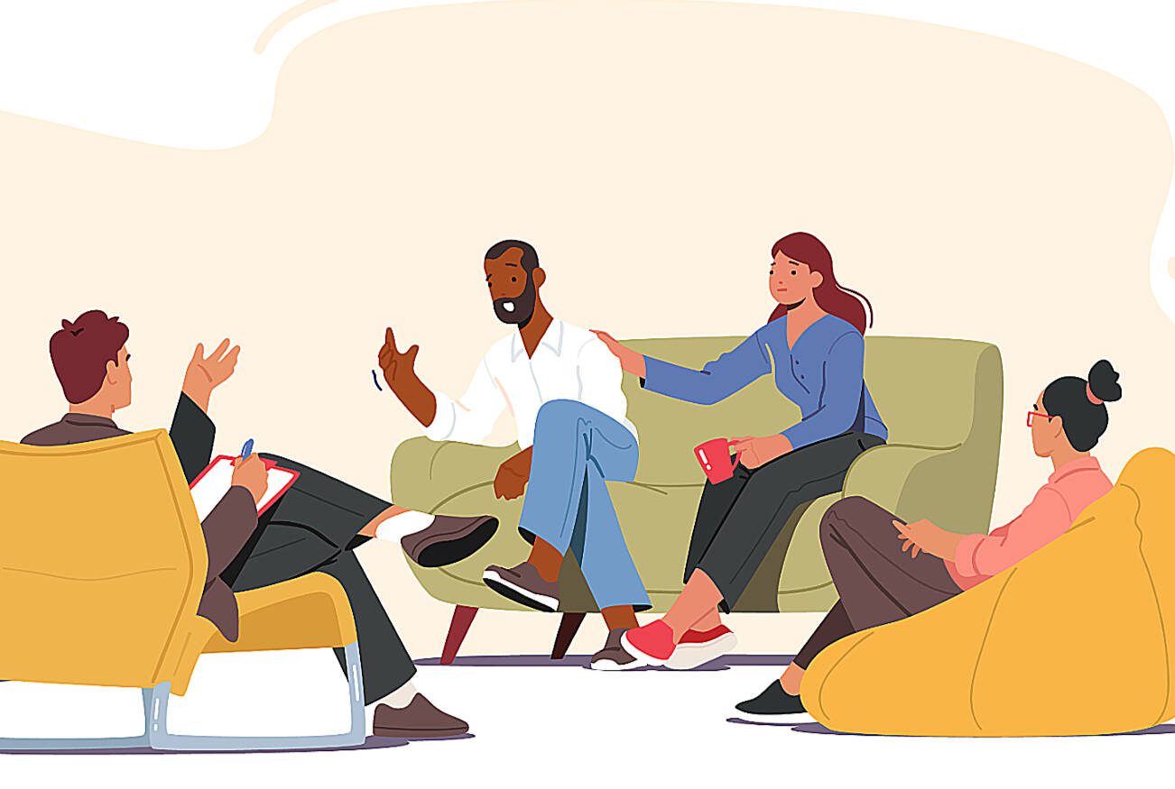 Group Therapy Addiction Treatment Concept. Characters Counseling with Psychologist on Psychotherapist Session. Doctor Psychologist Counseling with Diseased Patients. Cartoon People Vector Illustration building bridges