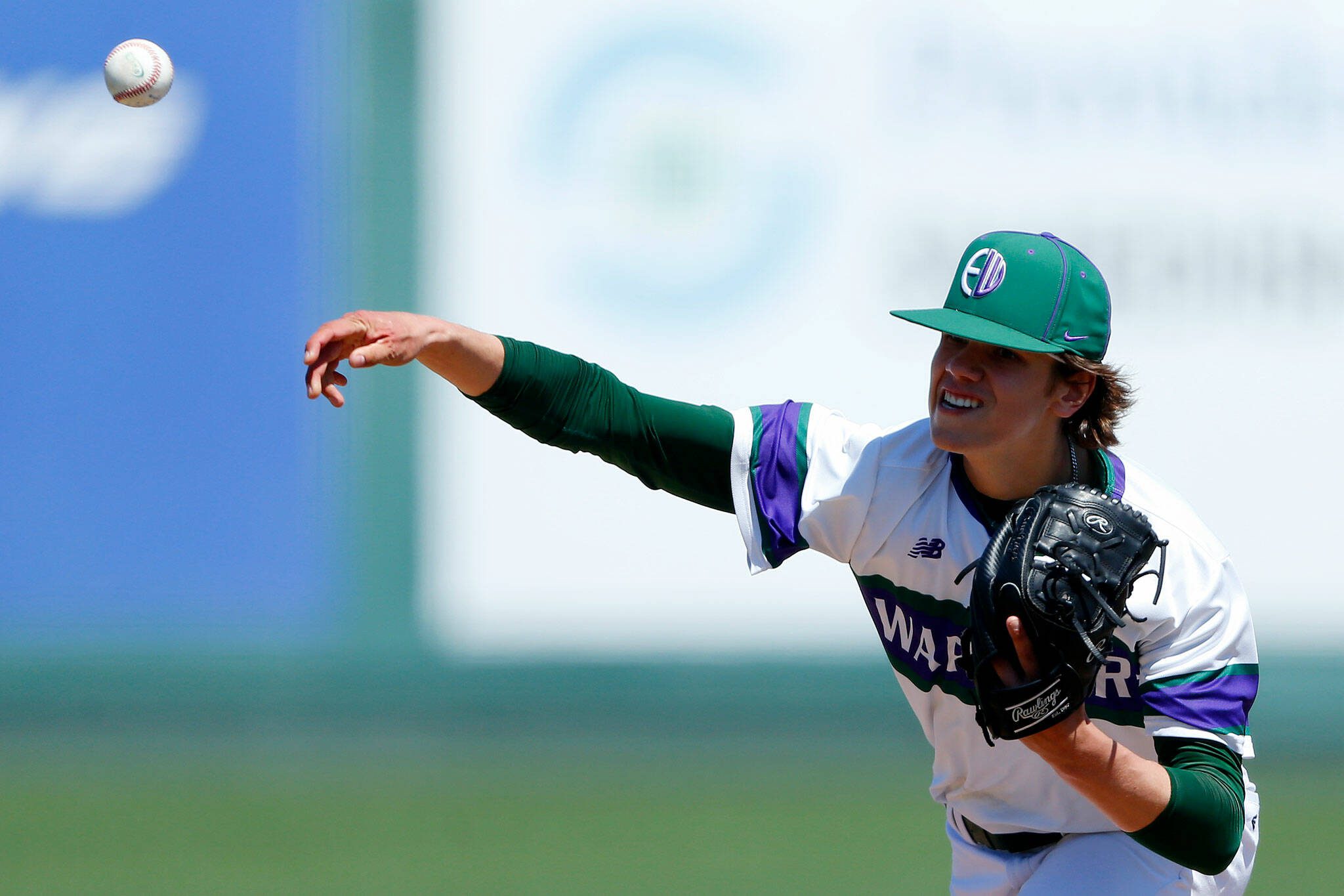 Edmonds-Woodway’s Dylan Schlenger delivers a pitch against Mountlake Terrace in the Class 3A District 1 title game Saturday at Funko Field in Everett. (Ryan Berry / The Herald)