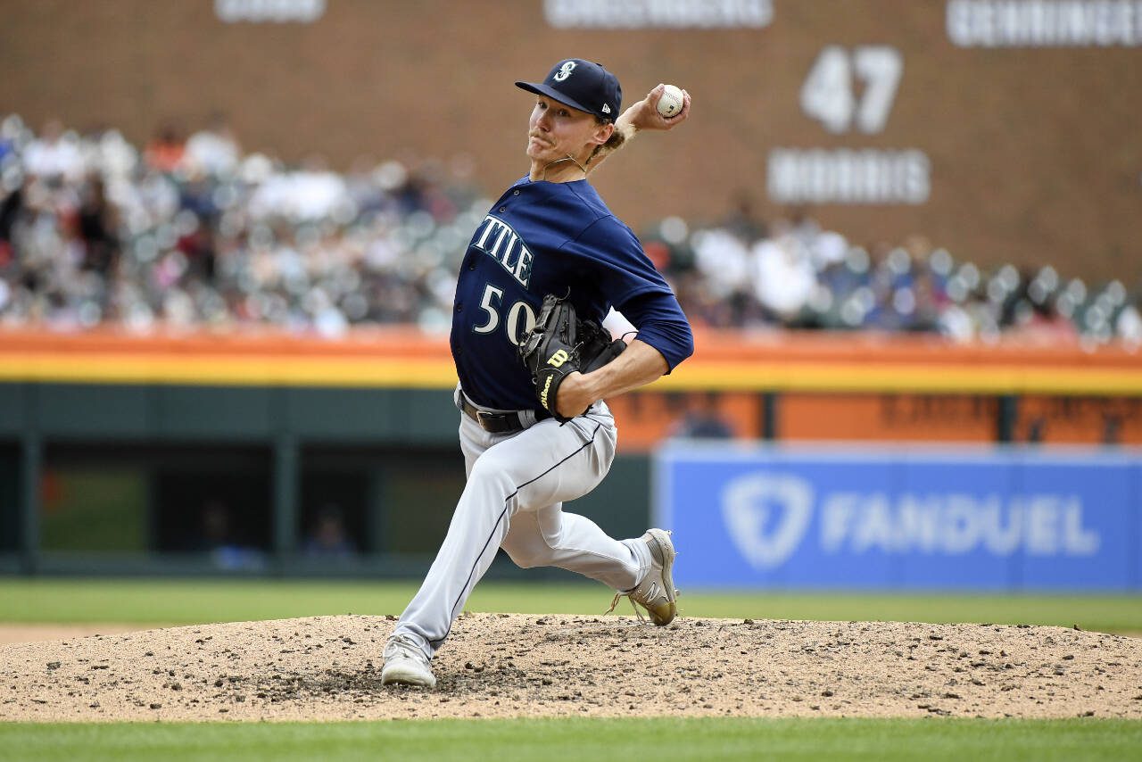 Seattle Mariners starting pitcher Bryce Miller throws against the Detroit Tigers in the seventh inning of a Saturday’s game in Detroit. (AP Photo/Jose Juarez)