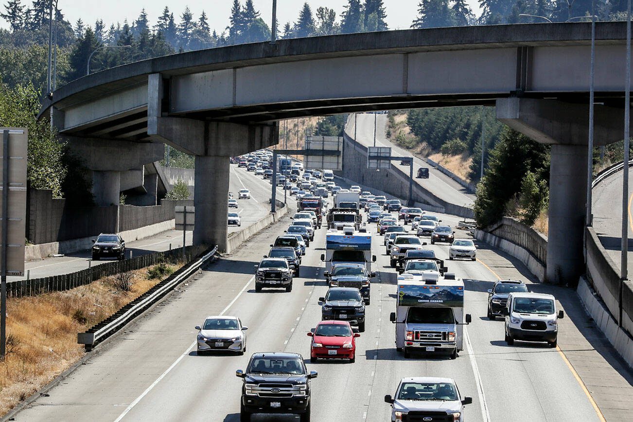 Heavy traffic northbound on 1-5 in Everett, Washington on August 31, 2022.  (Kevin Clark / The Herald)