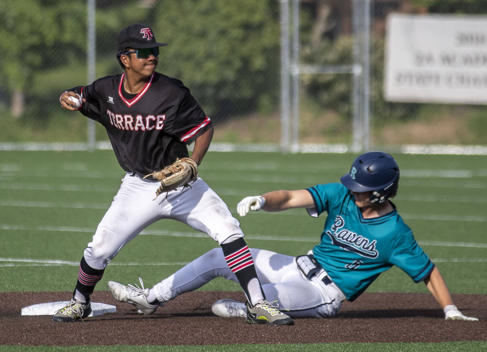 Mountlake Terrace’s Rominic Quiban (33) catches at second during a game between Mountlake Terrace and Auburn Riverside in Mountlake Terrace, Washington on Tuesday, May 16, 2023. Mountlake Terrace won, 13-3. (Annie Barker / The Herald)