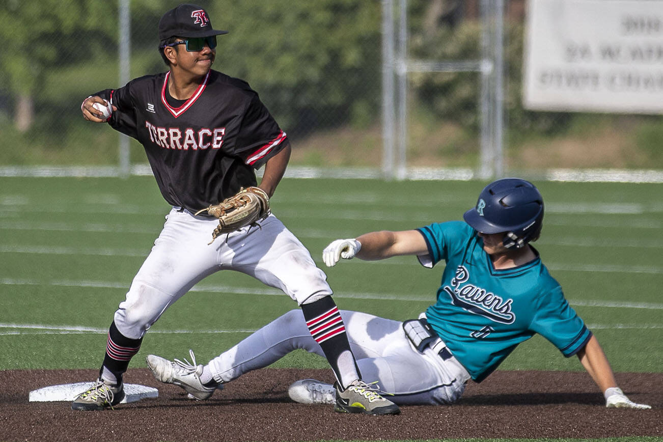 Mountlake Terrace’s Rominic Quiban (33) catches at second during a game between Mountlake Terrace and Auburn Riverside in Mountlake Terrace, Washington on Tuesday, May 16, 2023. Mountlake Terrace won, 13-3. (Annie Barker / The Herald)