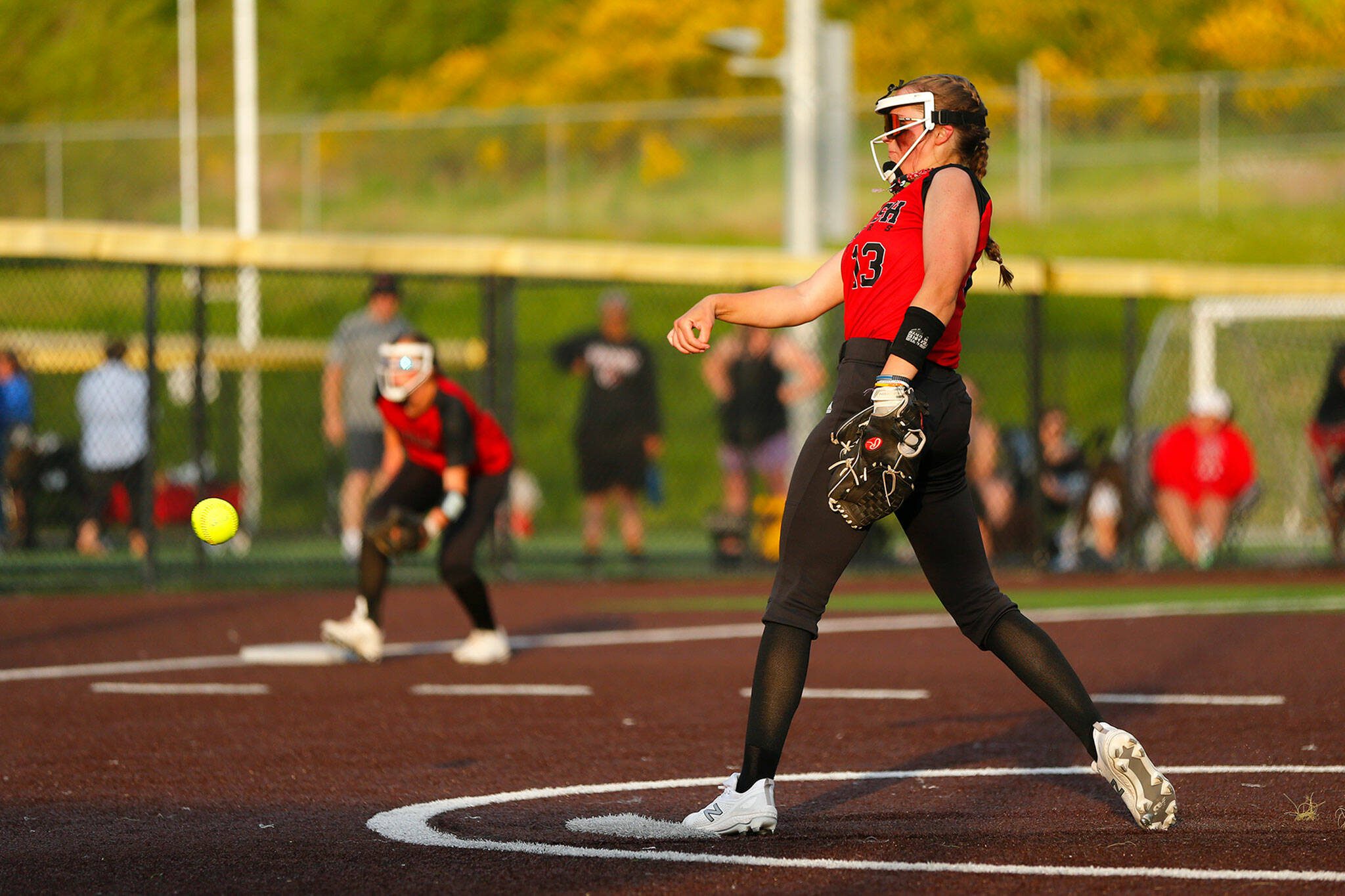 Snohomish’s Alex Flohr delivers a pitch against Stanwood during the Class 3A District 1 softball tournament Tuesday, May 16, 2023, at the Phil Johnson Ballfields in Everett, Washington. (Ryan Berry / The Herald)