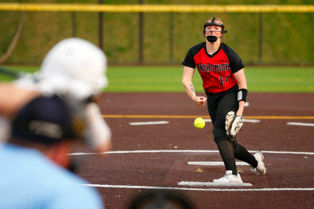 Snohomish’s Skyla Bristol pitches in the later innings against Stanwood during the Class 3A District 1 softball tournament Tuesday, May 16, 2023, at the Phil Johnson Ballfields in Everett, Washington. (Ryan Berry / The Herald)
