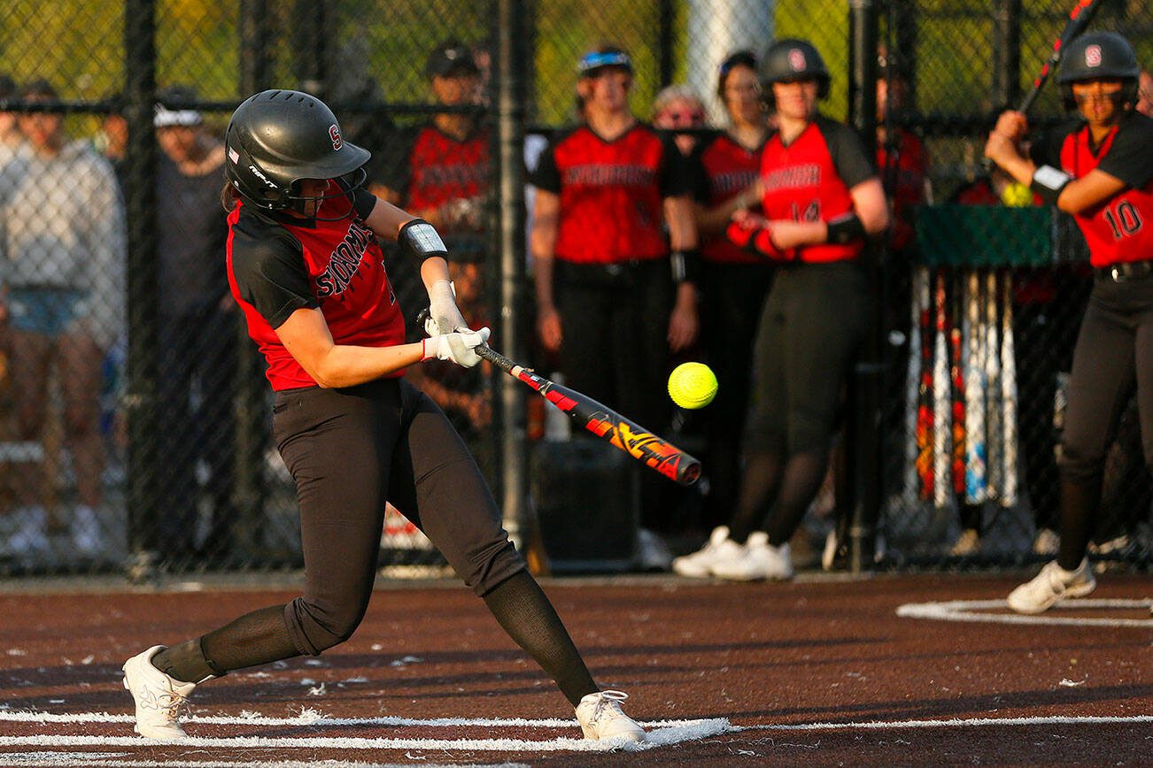 Snohomish’s Camryn Sage takes a hack while batting against Stanwood during the Class 3A District 1 softball tournament Tuesday, May 16, 2023, at the Phil Johnson Ballfields in Everett, Washington. (Ryan Berry / The Herald)
