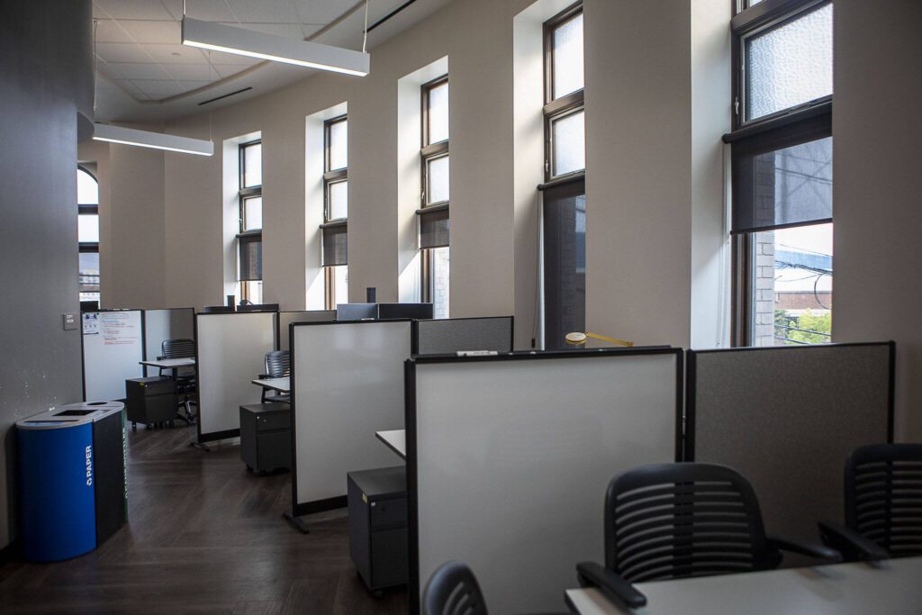 Inside the Carnegie Resource Center in Everett, Washington on Wednesday, May 17, 2023. (Annie Barker / The Herald)
