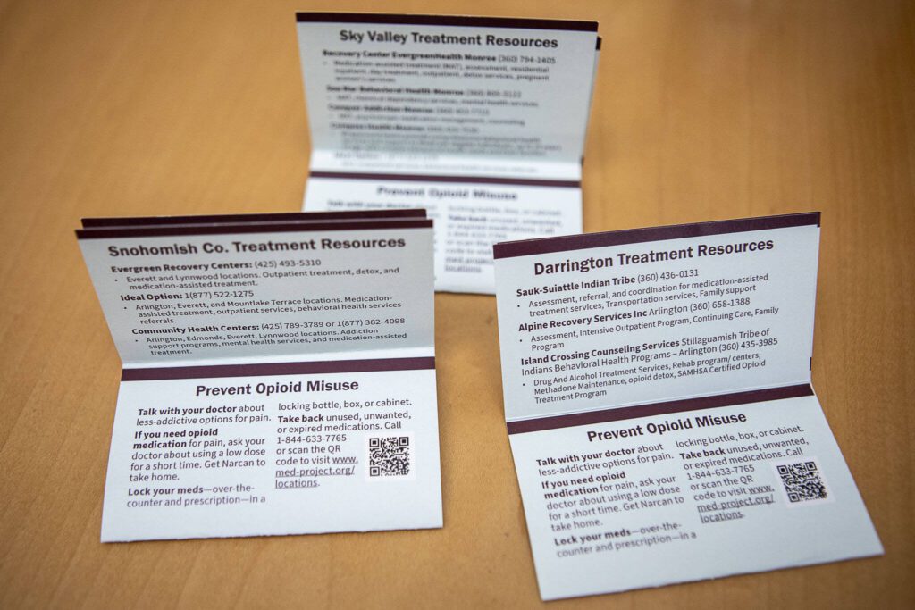 Treatment resource cards based on locations in Snohomish County are displayed on Wednesday, May 17, 2023. (Annie Barker / The Herald)
