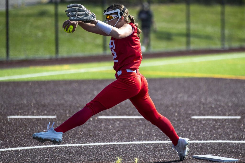 Stanwood’s Eliot McDonald (2) pitches during a game between Marysville Getchell and Stanwood at Phil Johnson Ballfields in Everett, Washington on Thursday, May 18, 2023. Stanwood won, 12-1. (Annie Barker / The Herald)
