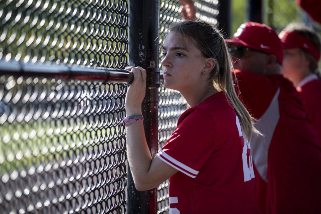 Stanwood’s Amelia Norton (25) watches during a game between Marysville Getchell and Stanwood at Phil Johnson Ballfields in Everett, Washington on Thursday, May 18, 2023. Stanwood won, 12-1. (Annie Barker / The Herald)
