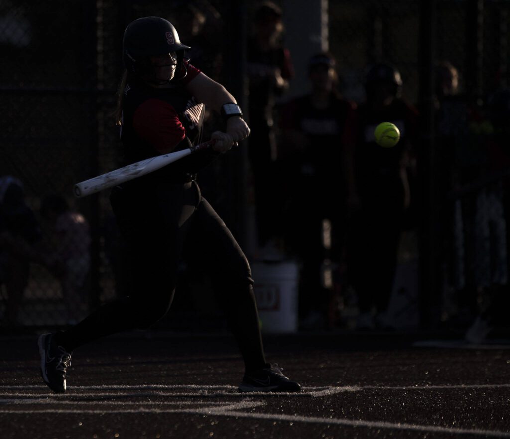 A Snohomish player swings during a game between Mountlake Terrace and Snohomish at Phil Johnson Ballfields in Everett, Washington on Thursday, May 18, 2023. Snohomish won, 4-0. (Annie Barker / The Herald)
