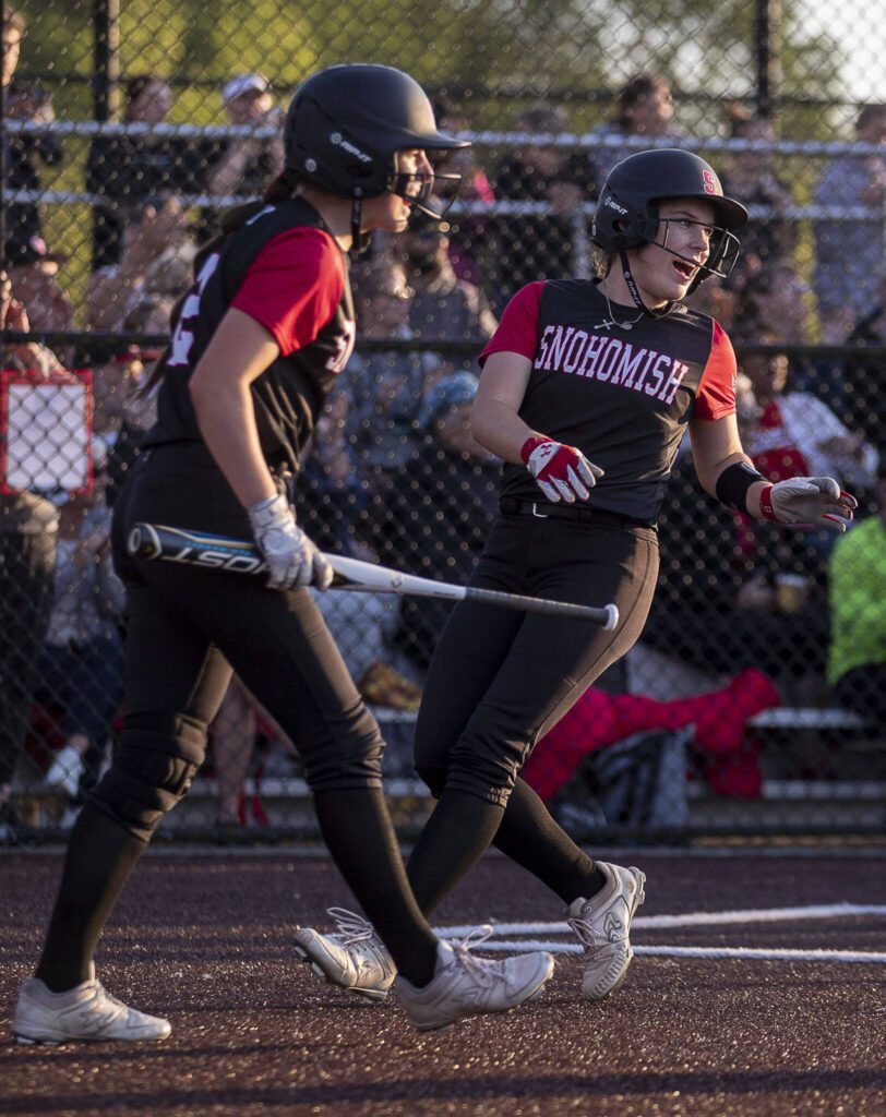Snohomish players celebrate during a game between Mountlake Terrace and Snohomish at Phil Johnson Ballfields in Everett, Washington on Thursday, May 18, 2023. Snohomish won, 4-0. (Annie Barker / The Herald)
