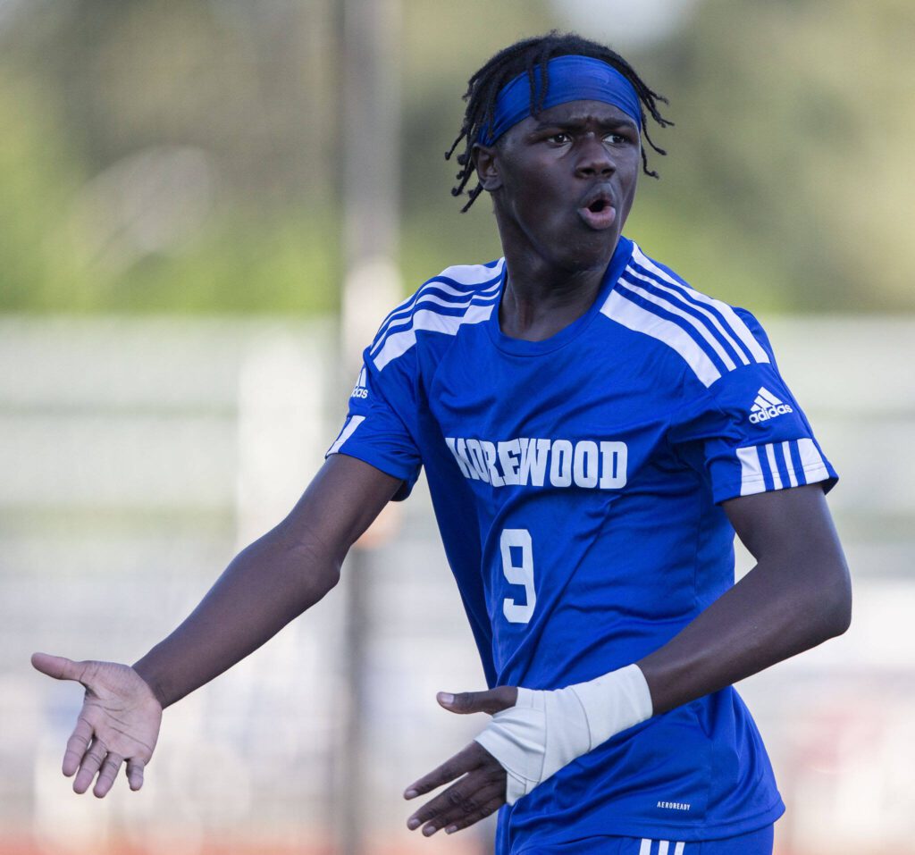 Shorewood’s Anthony Henry reacts to a foul call during the game against Ballard on Thursday, May 18, 2023 in Shoreline, Washington. (Olivia Vanni / The Herald)
