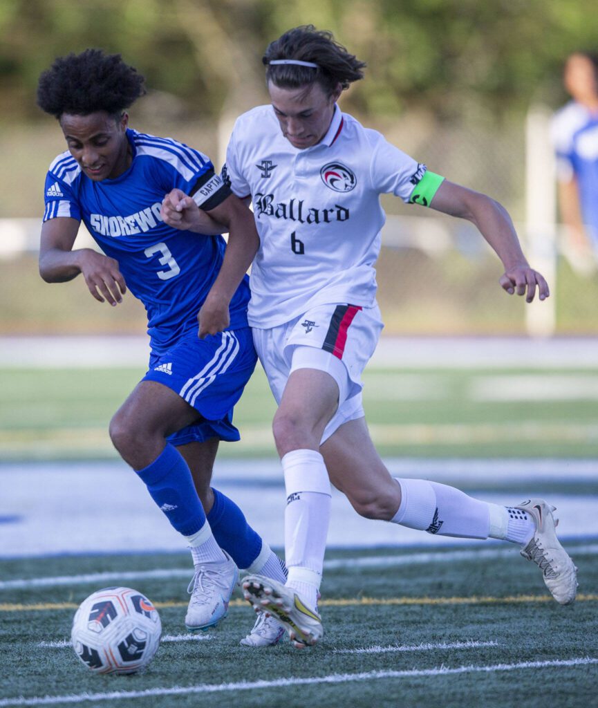 Shorewood’s Isaak Abraham battles for the ball during the game against Ballard on Thursday, May 18, 2023 in Shoreline, Washington. (Olivia Vanni / The Herald)
