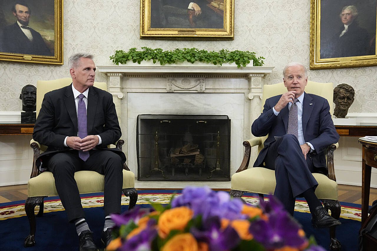 President Biden meets with House Speaker Kevin McCarthy, R-Calif., to discuss the debt limit in the Oval Office of the White House, May 22, in Washington. (Alex Brandon / Associated Press)